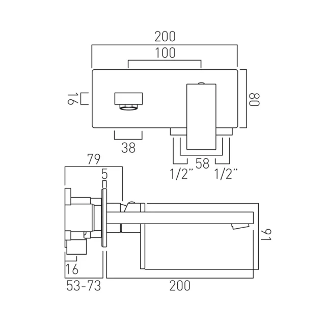 Vado Individual Notion Wall Mounted Single Lever Basin Mixer With Rectangular Backplate Brushed Nickel technical drawing - Image 2
