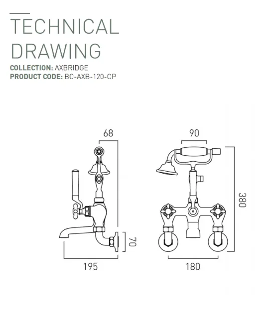 Booth & Co. Wall Mounted Bath Shower Mixer With Shower Kit Chrome & White technical drawing - Image 2