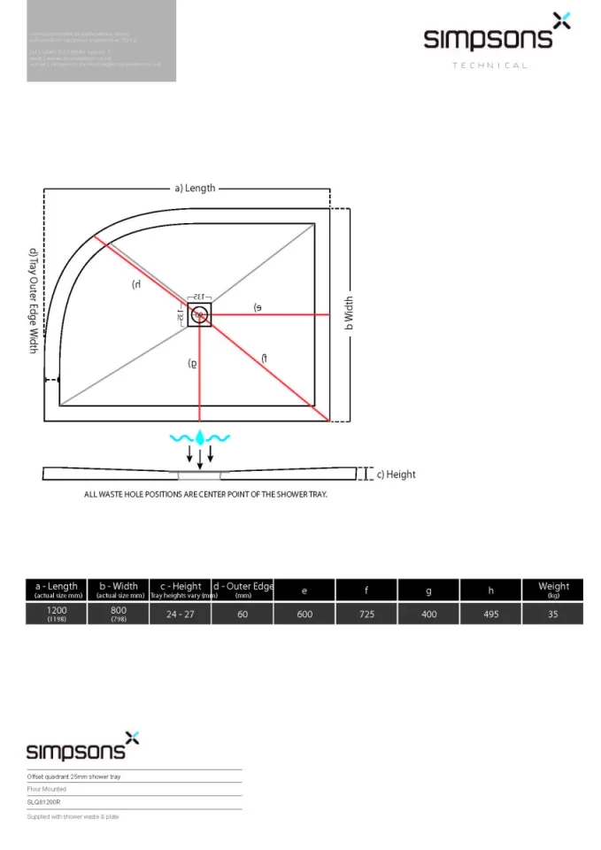 Crosswater Central Waste Offset Quadrant Right Hand 25mm Stone Resin Shower Tray 800 x 1200mm technical drawing - Image 3