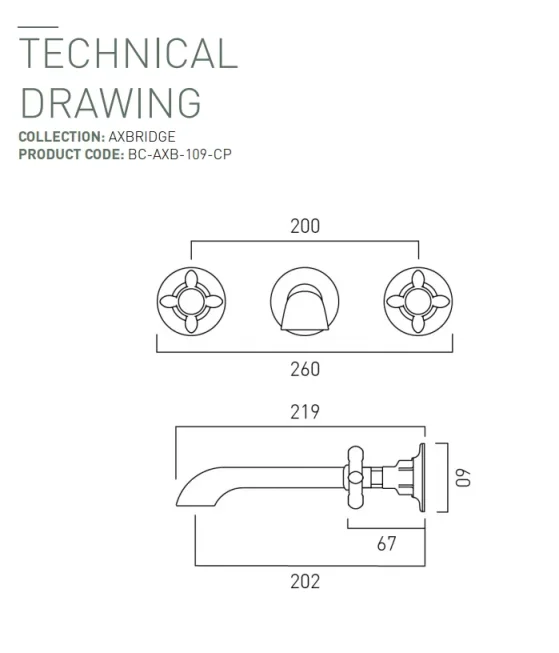 Booth & Co. Wall Mounted Basin Mixer Chrome & White technical drawing - Image 2