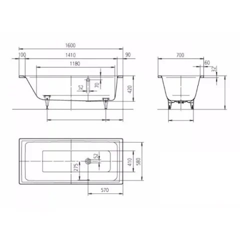 Kaldewei Puro 1600 X 700mm With Side Overflow (excl. Feet) technical drawing - Image 3