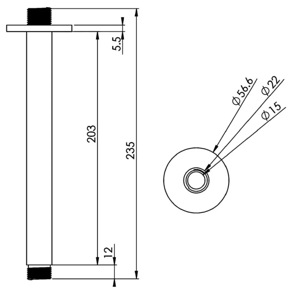 Saneux Cos 100mm Round Ceiling Mounted Shower Arm - Chrome technical drawing - Image 2