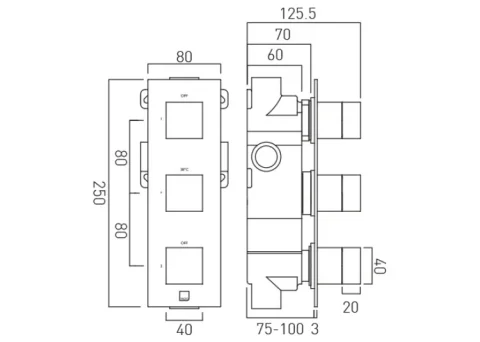 Vado Tablet Notion 2 Outlet 3 Handle Concealed Thermostatic Valve Vertical Chrome technical drawing - Image 2