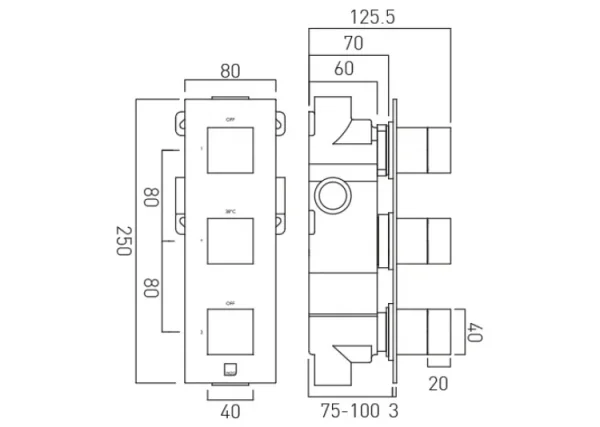 Vado Tablet Notion 2 Outlet 3 Handle Concealed Thermostatic Valve Vertical Chrome technical drawing - Image 2
