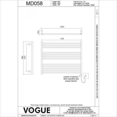 Vogue Pearl Towel Radiator Heating Only - Polished Stainless Steel 800X1000 technical drawing - Image 2