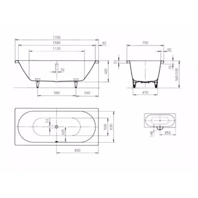 Kaldewei Classic Duo 1700 X 750mm No Tap Holes Bath (excl. Feet) technical drawing - Image 5