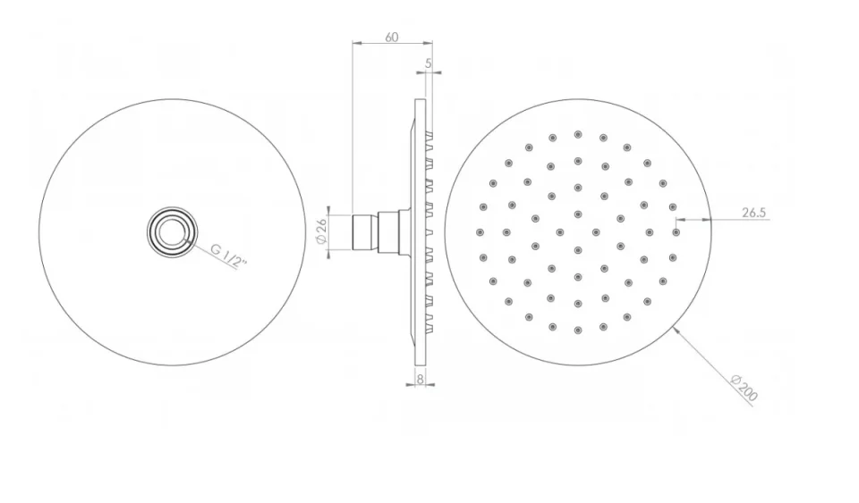 Saneux Cos 200x8mm Round Shower Head - Chrome technical drawing - Image 2