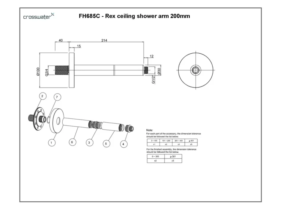 Crosswater Rex Ceiling Shower Arm 200mm Chrome technical drawing - Image 4